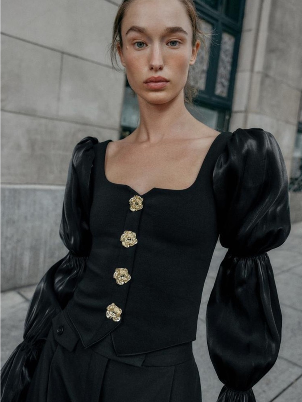 Zara Black Puff-Sleeve Square Neck Top with Gold Buttons